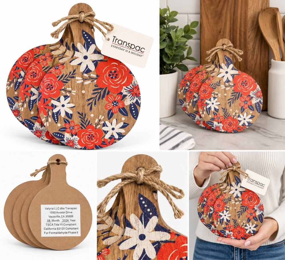 Transpac Floral Wood Paddle Trivet Set – Red, White & Blue Flowers